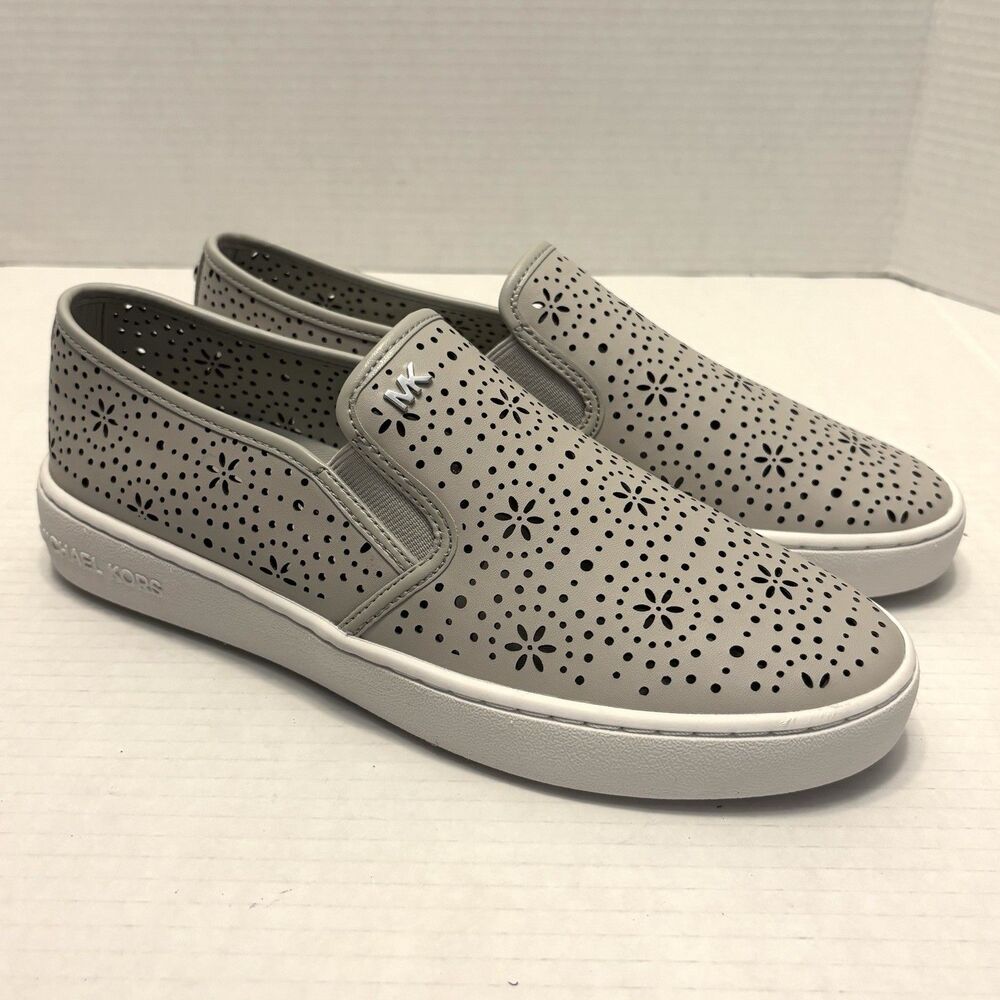 Michael Kors Kane Slip On Sneakers  Size 7.5 Gray Floral Cutouts Leather Uppers
